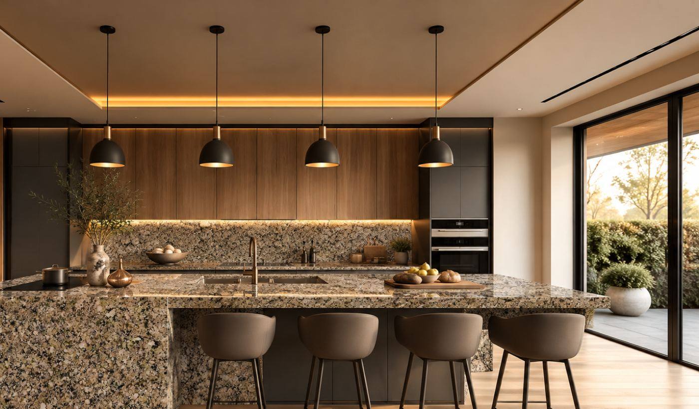 Kitchen with a Desert Brown granite island and backsplash