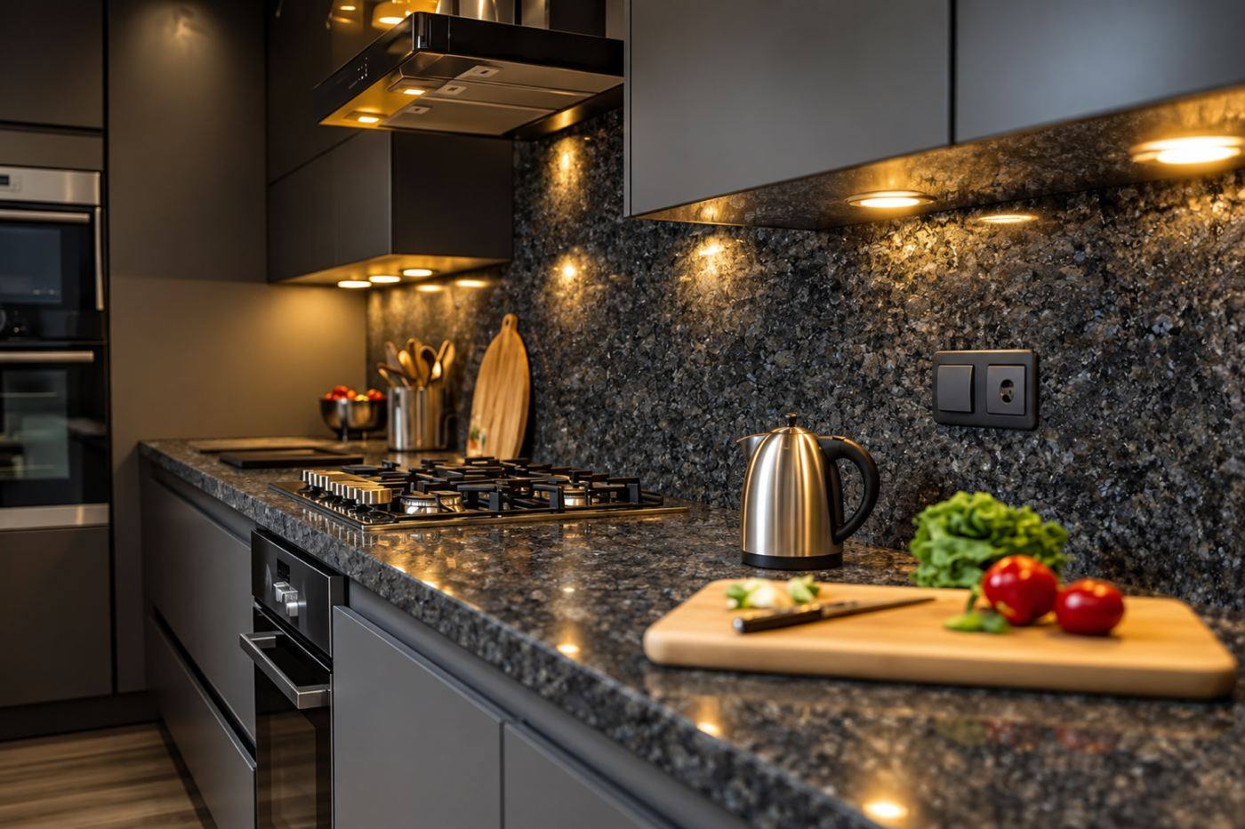 Kitchen with a black granite counter