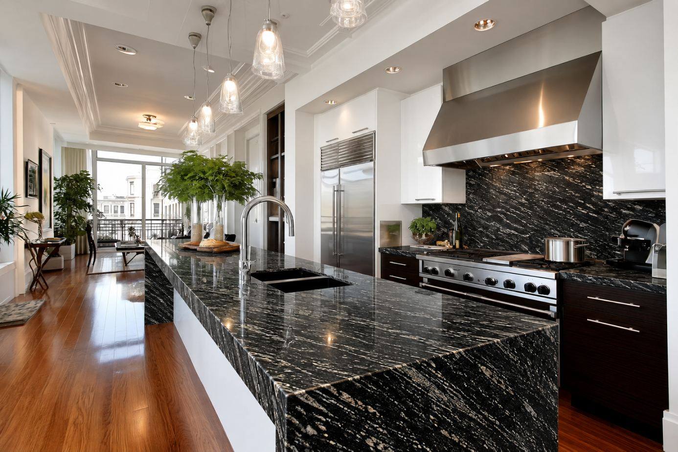 Kitchen with a black granite island and backsplash